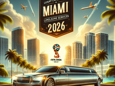 Miami limousine service ad with skyline and planes