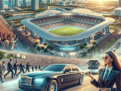 Futuristic city stadium with soccer match and luxury car