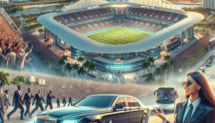 Futuristic city stadium with soccer match and luxury car