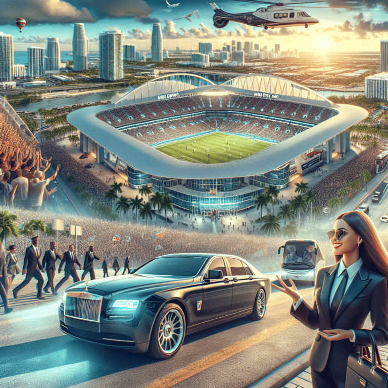Futuristic city stadium with soccer match and luxury car