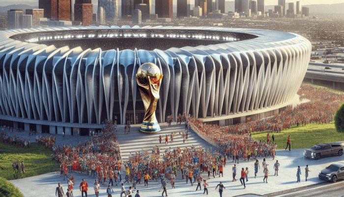 Crowds outside stadium with giant World Cup trophy