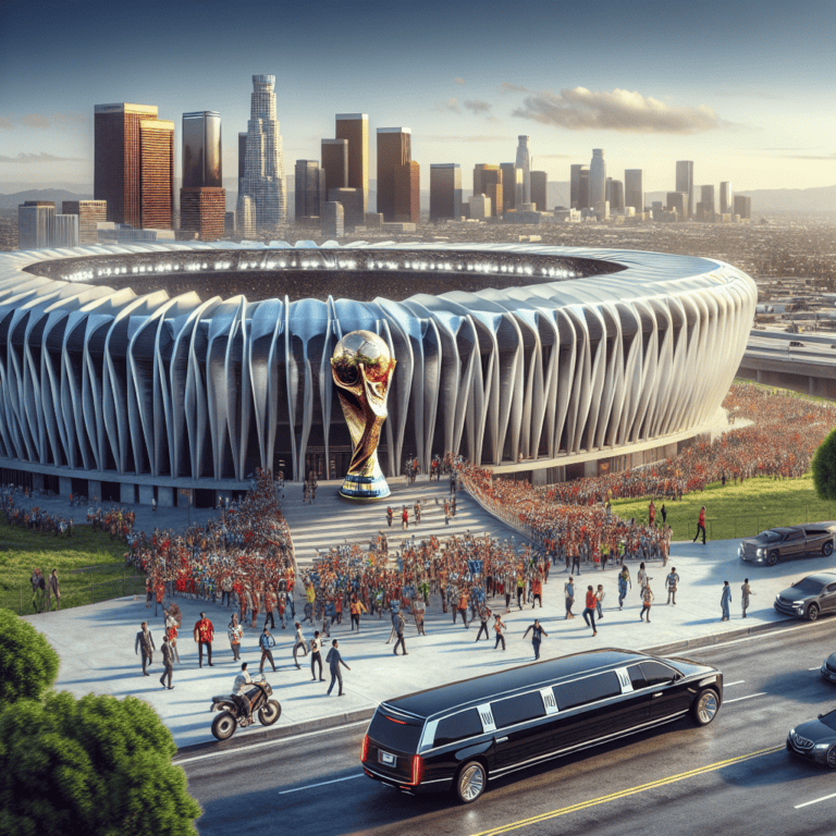 Crowds outside stadium with giant World Cup trophy