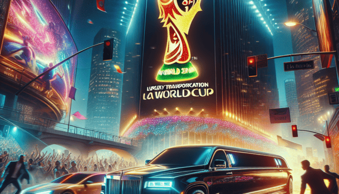 Futuristic city billboard advertising World Cup, limousine below