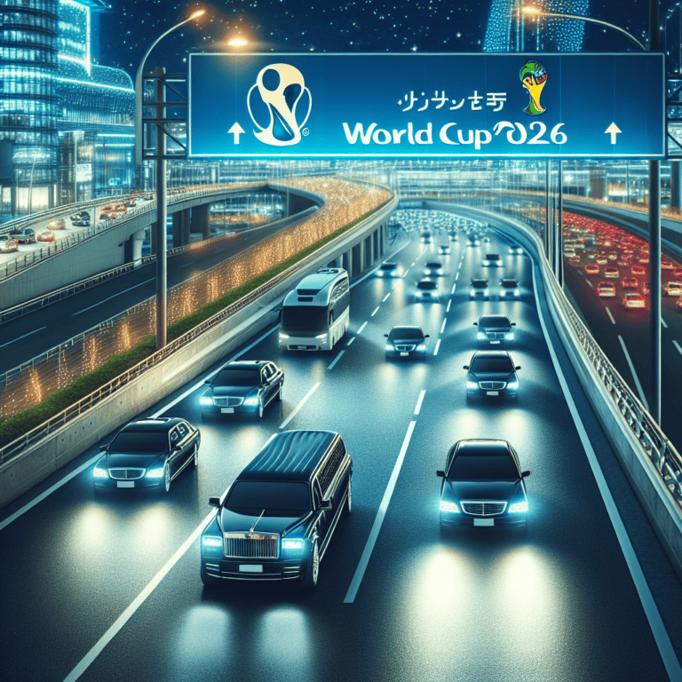 Night highway traffic under World Cup 2026 sign