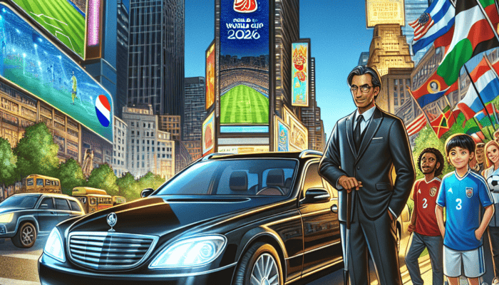 Man in suit by car, World Cup city scene