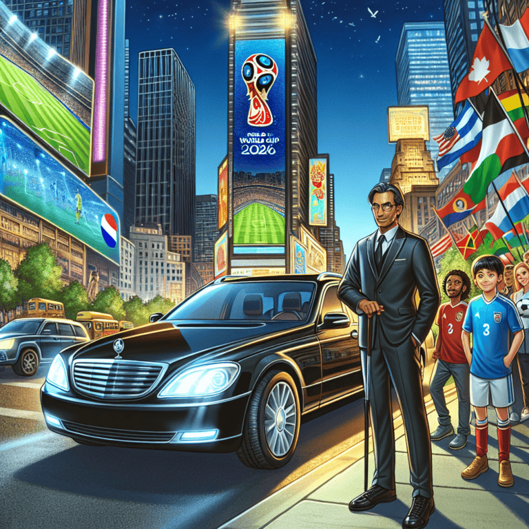 Man in suit by car, World Cup city scene