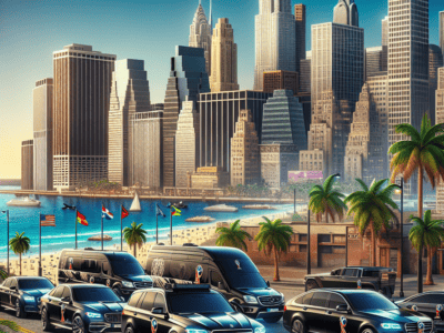 Luxury motorcade driving along waterfront city skyline