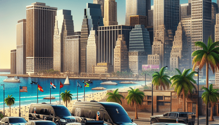 Luxury motorcade driving along waterfront city skyline