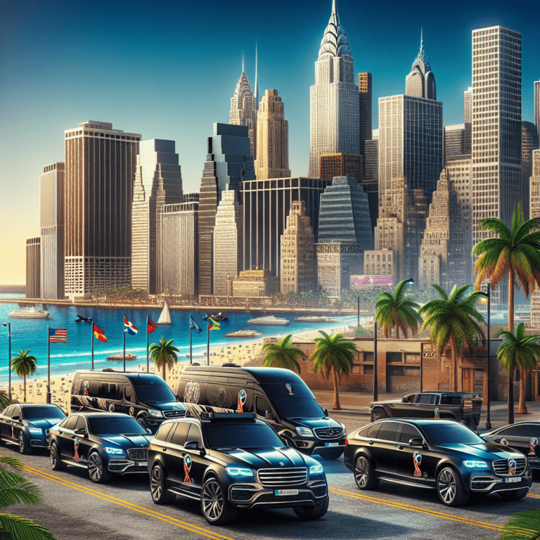 Luxury motorcade driving along waterfront city skyline