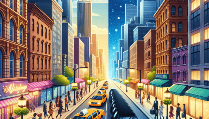 Split day and night city street with taxis