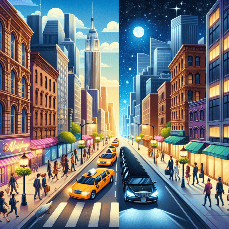 Split day and night city street with taxis