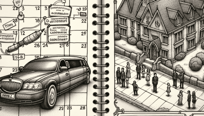 Planner calendar with limousine and mansion booking illustration