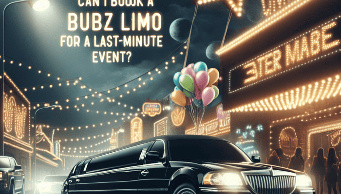 Black stretch limousine with balloons on neon-lit street