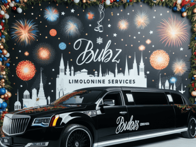 Black stretch limousine with holiday fireworks backdrop