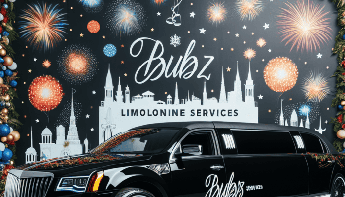 Black stretch limousine with holiday fireworks backdrop
