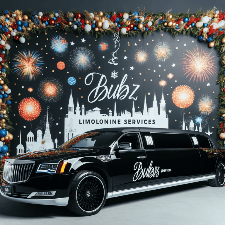Black stretch limousine with holiday fireworks backdrop