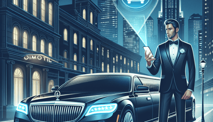 Man booking luxury limousine via smartphone at night