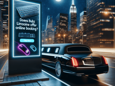 Black limousine beside online booking billboard at night