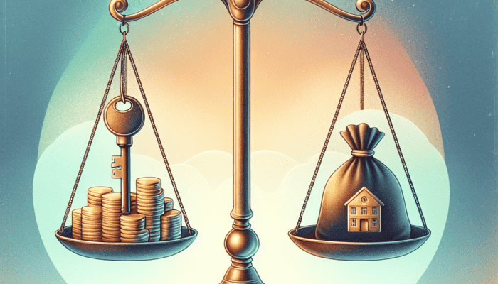 Balance scale weighing coins and house money bag