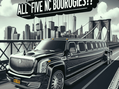 Black stretch limousine on Brooklyn Bridge, NYC skyline.