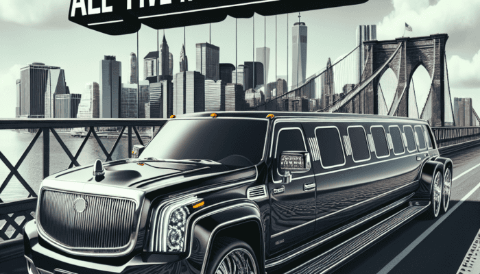 Black stretch limousine on Brooklyn Bridge, NYC skyline.