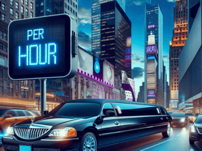 Black stretch limousine under per hour sign at night