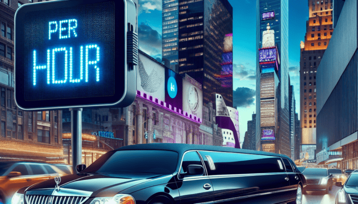Black stretch limousine under per hour sign at night