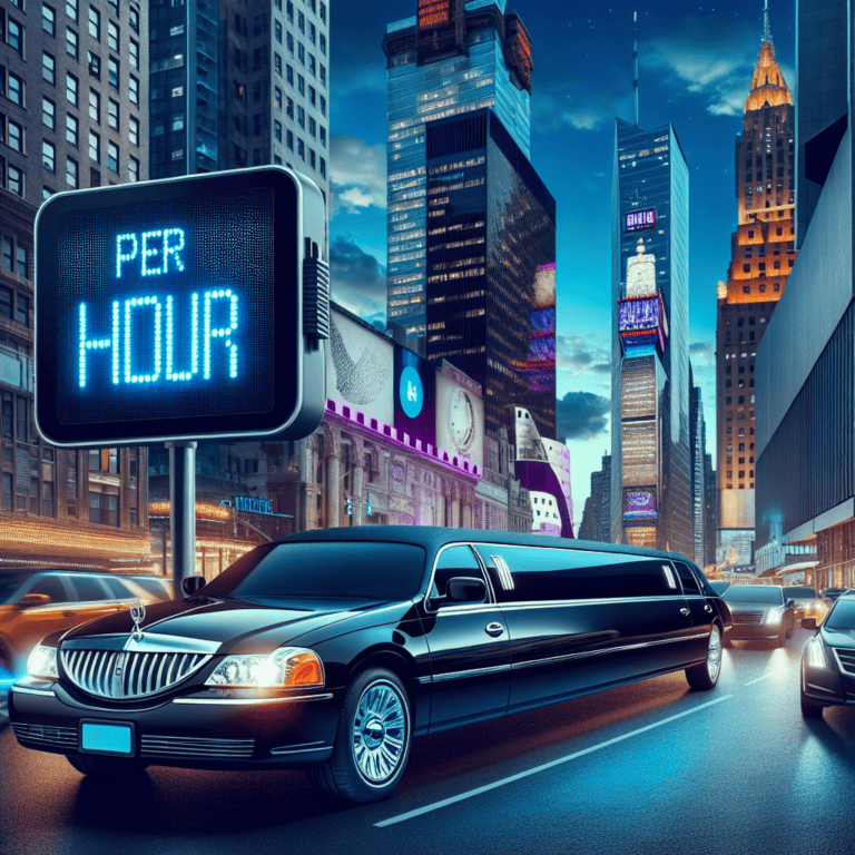 Black stretch limousine under per hour sign at night