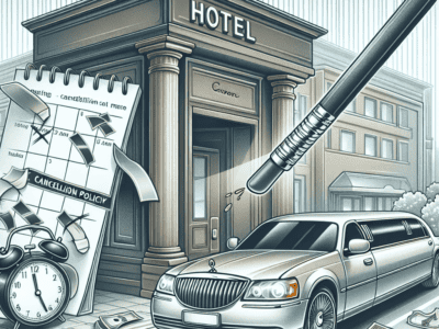 Hotel cancellation policy concept with limousine and clock