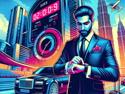 Businessman checking smartwatch beside luxury car and city skyline