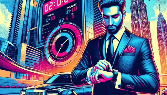 Businessman checking smartwatch beside luxury car and city skyline