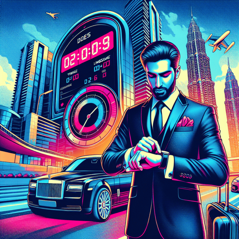 Businessman checking smartwatch beside luxury car and city skyline