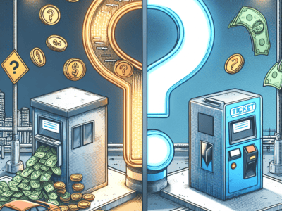 Cash machine and ticket kiosk with question mark