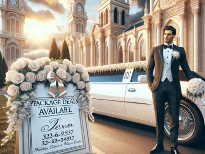 Groom in tuxedo beside limousine outside cathedral
