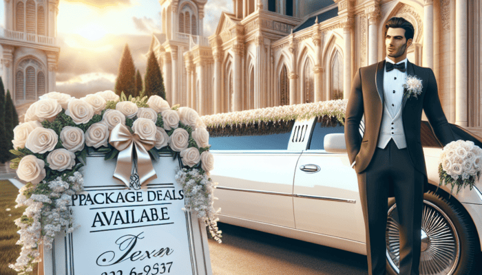 Groom in tuxedo beside limousine outside cathedral