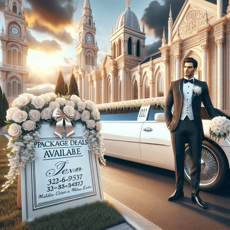 Groom in tuxedo beside limousine outside cathedral