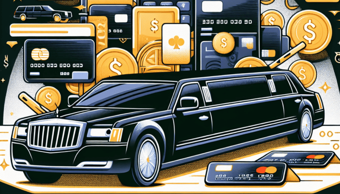Black limousine surrounded by credit cards and coins
