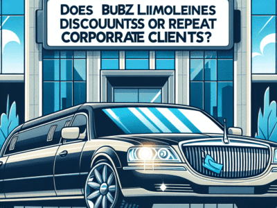 Black limousine outside corporate building with promotional sign