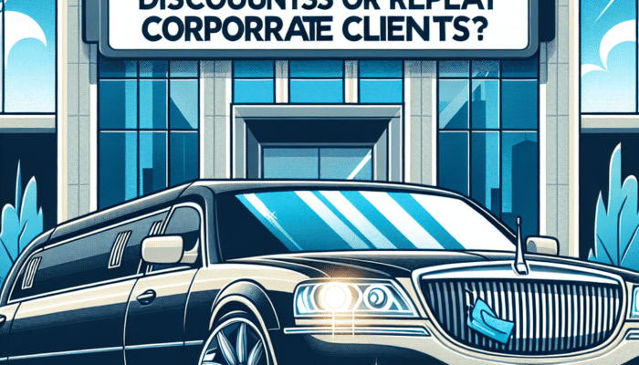 Black limousine outside corporate building with promotional sign