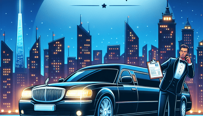 Man with limousine and bill under city skyline