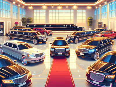 Luxury limousines displayed in showroom with red carpet