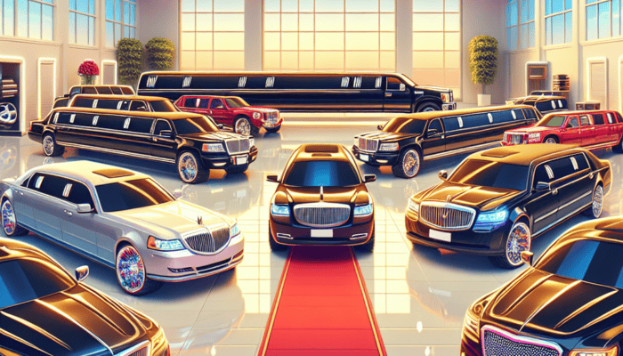 Luxury limousines displayed in showroom with red carpet