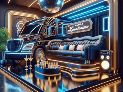 Luxury limousine lounge with neon lights and disco ball