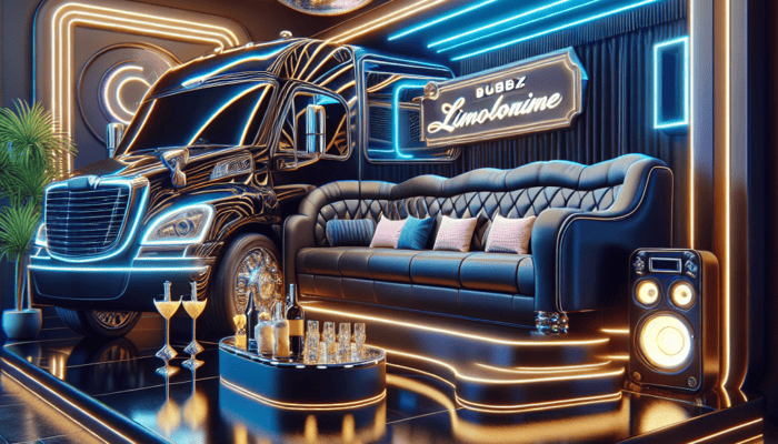 Luxury limousine lounge with neon lights and disco ball