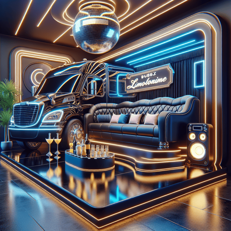 Luxury limousine lounge with neon lights and disco ball