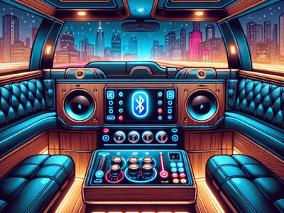 Futuristic car interior with neon Bluetooth stereo system