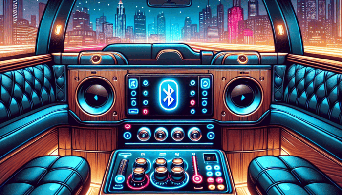 Futuristic car interior with neon Bluetooth stereo system