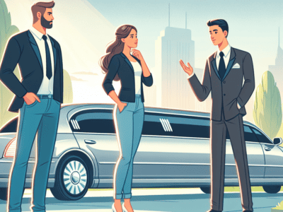 Three businesspeople discussing beside a luxury limousine.