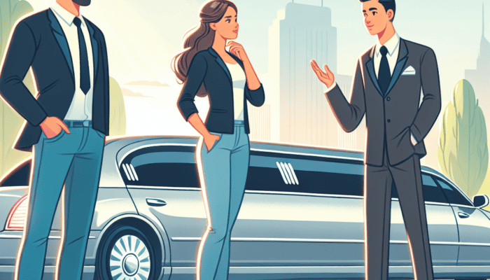 Three businesspeople discussing beside a luxury limousine.