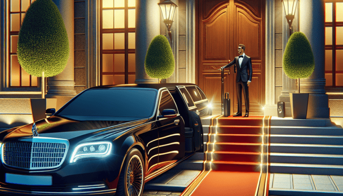 Luxury limousine at mansion entrance with red carpet